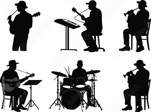 Black silhouette vector illustration of musicians playing instruments, guitarist, drummer, keyboard player, trumpet musician, live band performance, jazz blues concert art