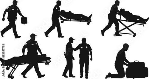 Black silhouette vector illustration of paramedics carrying patients on stretchers, emergency medical workers, ambulance staff, rescue healthcare team providing urgent first aid support