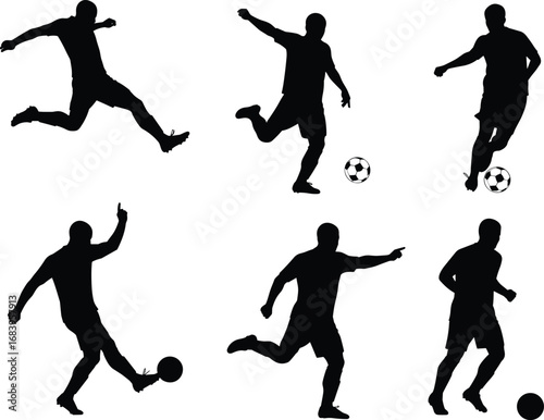 Black silhouette vector illustration of soccer players kicking football, dribbling, shooting, playing team sport, athletes in action poses for sports competition design