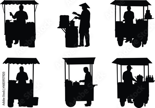 Black silhouette vector illustration of street food vendor cart, mobile market stall with seller cooking, preparing snacks, outdoor kitchen street food stand