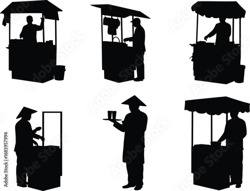 Black silhouette vector illustration of street food vendors with cart, outdoor mobile stall selling snacks, traditional street kitchen cooking and food preparation