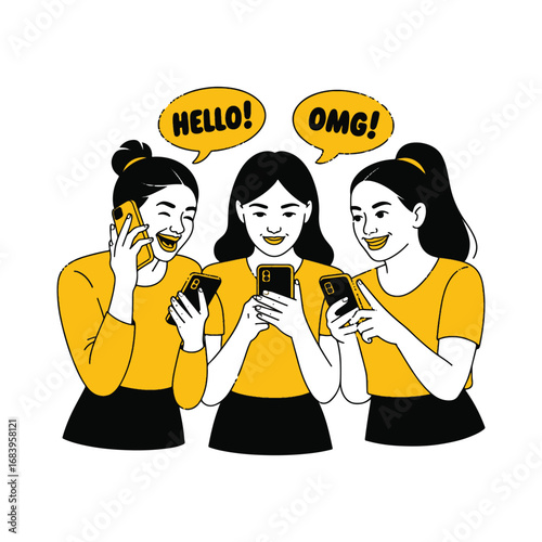 Group of young women using smartphones with chat bubbles illustration