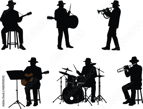 Silhouettes of Musicians Playing Jazz Instruments Including Guitar, Trumpet, Drums, and Trombone in Performance Vector Illustration
