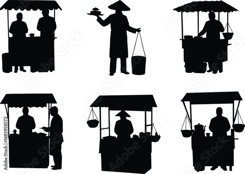 Silhouettes of Street Food Vendors Selling Traditional Snacks at Stalls and Carts in Market Vector Illustration