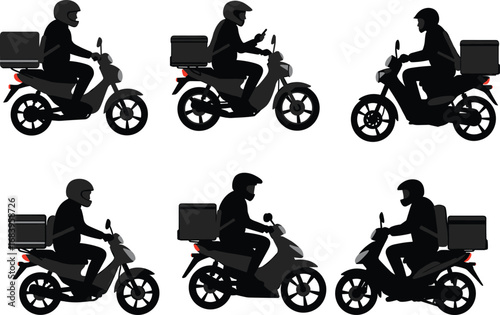 Vector illustration of delivery rider silhouettes on scooters and motorcycles with boxes, courier service, food delivery, express shipping, transportation concept