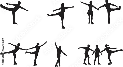 Vector illustration of figure skater silhouettes performing solo, pair, and group skating, ice dance, artistic winter sport, professional athlete performance