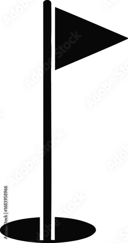 A simple black and white illustration of a golf flag in a hole, ready for play.