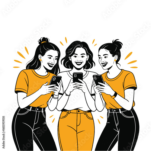 Group of happy young women using smartphones together illustration