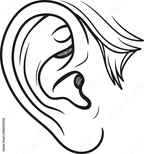 Black and White Line Art Icon of Human Ear Listening Vector Illustration for Hearing, Sound, Communication, Health, and Medical Design