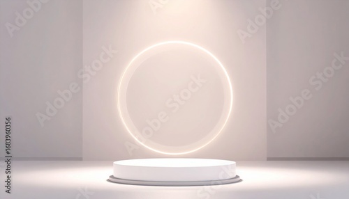 Illuminated Circular Light Frame Above a White Podium in a Minimalist Clean Setting