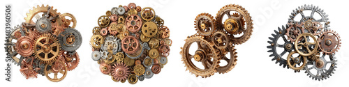 Vintage metal gears collection intricate steampunk design on transparent background
