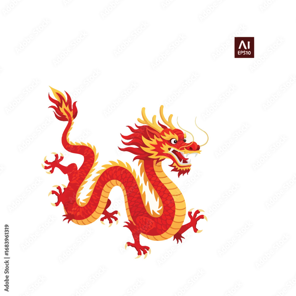 Fototapeta premium Fiery Red Chinese Dragon Traditional Illustration Asian Mythology Symbol of Power and Good Fortune