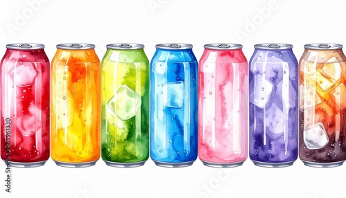 Colorful Watercolor Beverage Cans with Ice Cubes on White Backgrounds for Refreshment
