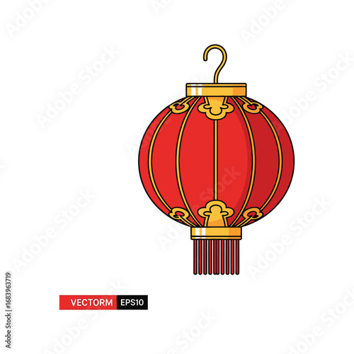 Red Chinese Lantern Gold Accents Hanging Decor Asian Festive Symbol Lunar New Year Vector Illustration