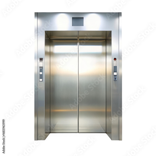 Sleek modern elevator entrance with shiny reflective doors and integrated lighting transparent background