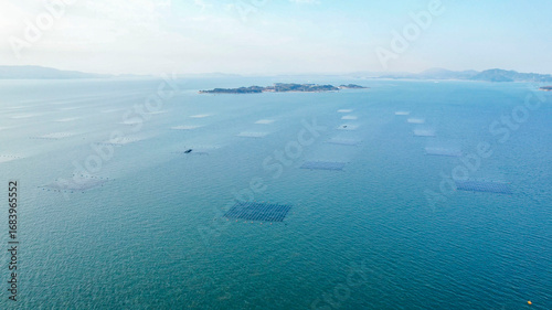 ドローン空撮による冬の瀬戸内海の牡蠣漁風景多島美（岡山県）/Oyster rafts in Seto Inland Sea, Okayama, Japan
