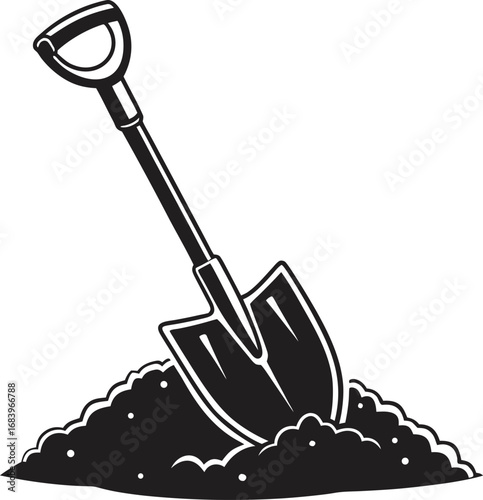 Black Flat Style Icon of Shovel in Soil Vector Illustration for Gardening, Farming, Landscaping, Construction, and Outdoor Work Design
