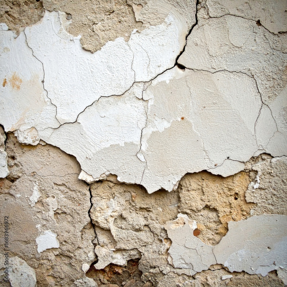 Naklejka premium Cracked Beige Plastered Wall with Weathered Stone Texture Background
