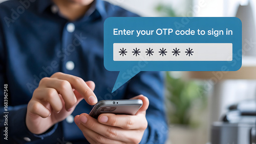 Person using smartphone entering otp code for secure login and verification process online