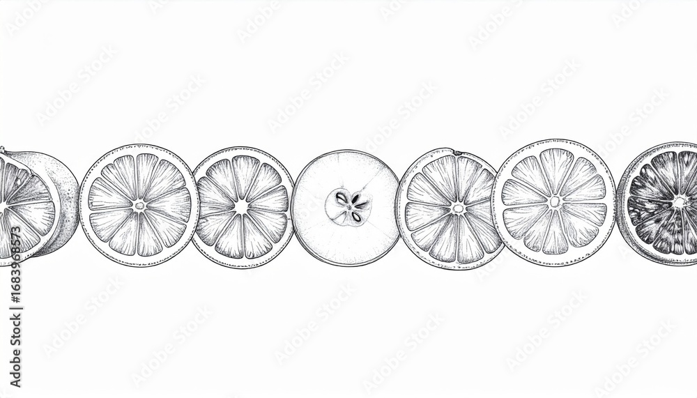 Fototapeta premium Row of Citrus Fruit Slices on a White Background Artistic Detailed Arrangement