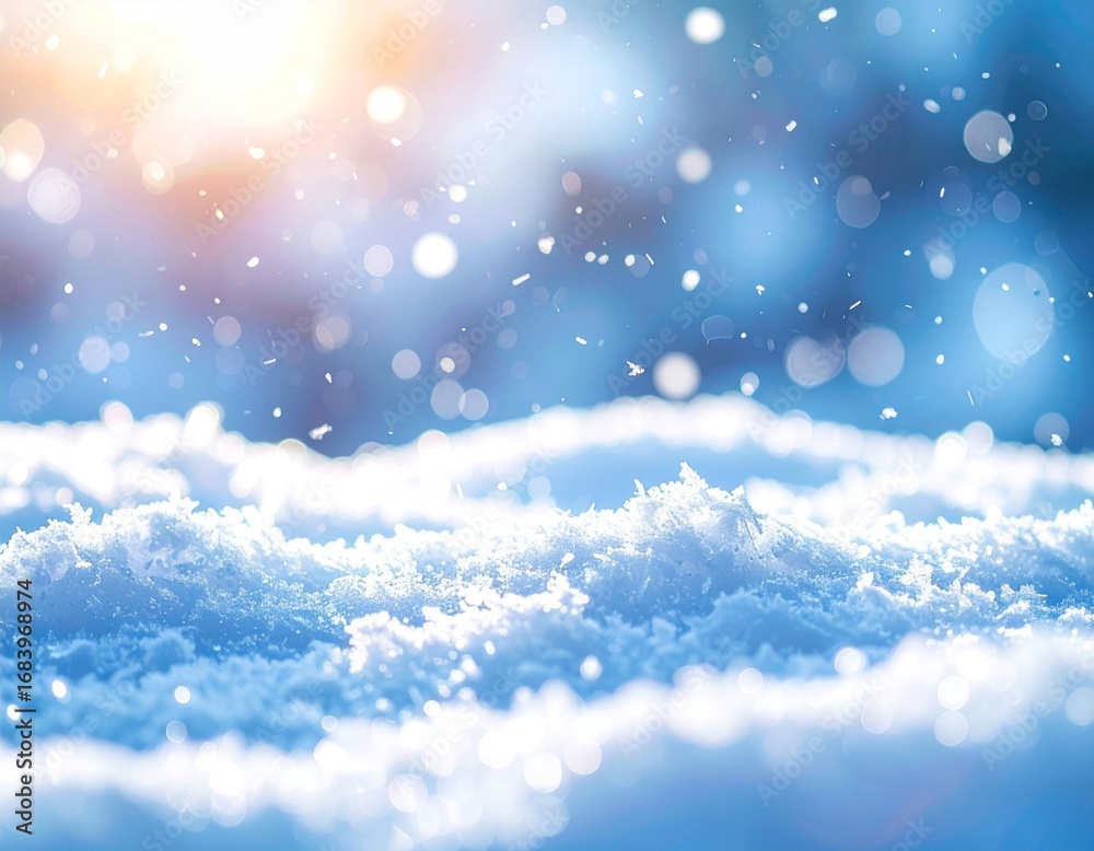 Fototapeta premium Sparkling Snowdrift Landscape with Bokeh Lights in Blue and White Winter Background