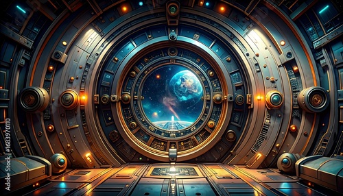Futuristic spaceship portal to space