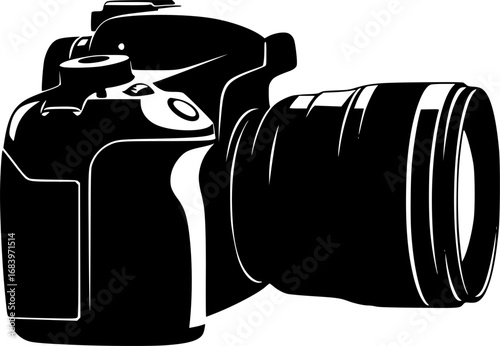 DSLR camera black silhouette vector, Simple silhouette Design vector icon with white background. A sleek, black silhouette of a DSLR SLR camera