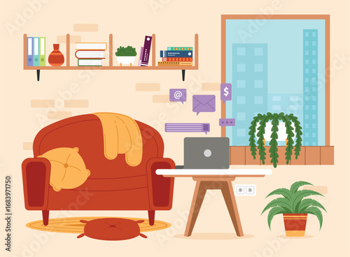 Living room workspace with sofa and desk Vector