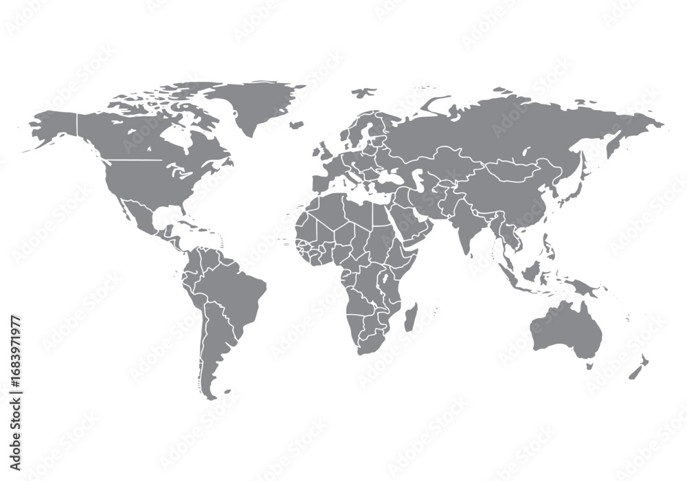Fototapeta premium Detailed grey world map graphic showing continents countries and oceans global geography representation silhouette