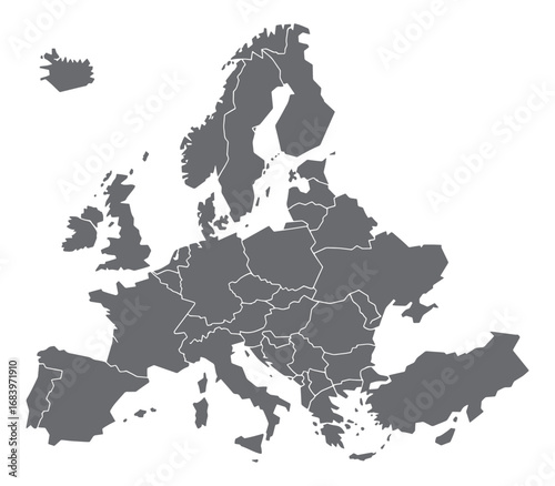 Detailed political map of europe displaying countries and borders with clear geographical outlines and accurate shapes silhouette