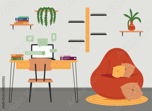 Modern workspace with bean bag and plants Vector
