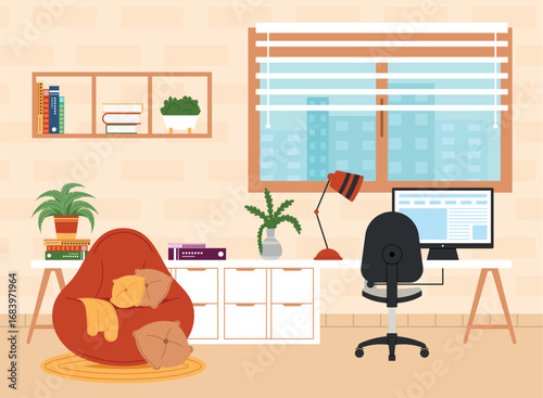 Modern workspace with bean bag and plants Vector