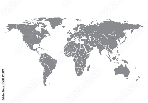 Detailed grey world map graphic showing continents countries and oceans global geography representation silhouette