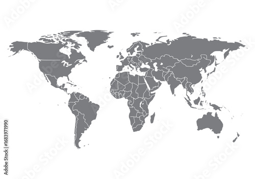 Detailed world map showing continents countries and borders global geography and travel representation silhouette