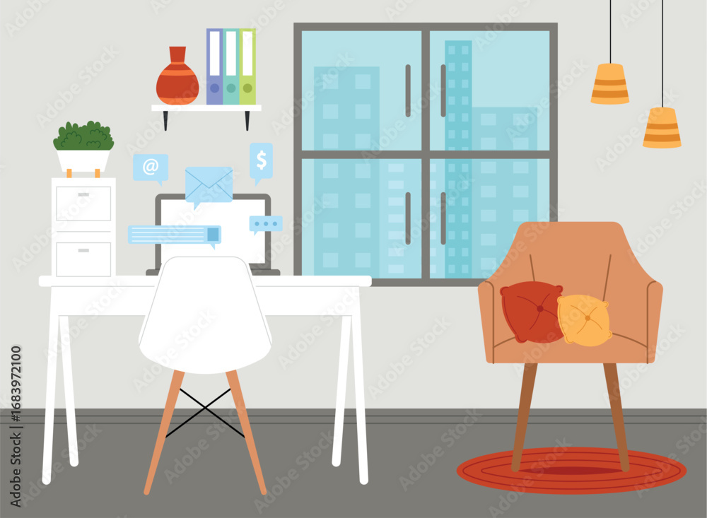 Fototapeta premium Minimalist workspace with desk and chair Vector