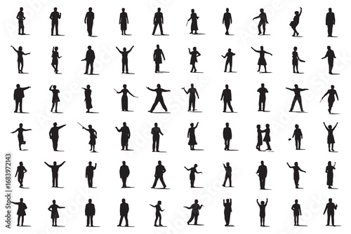 Diverse collection of human silhouettes in various poses and activities representing modern life silhouette