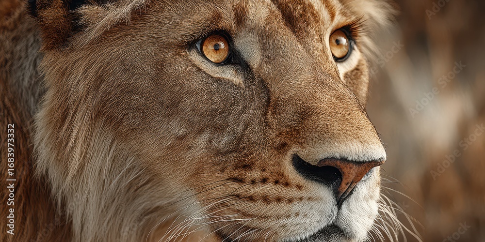 Fototapeta premium Close-up view of a lioness showcasing her striking features in a natural habitat during golden hour