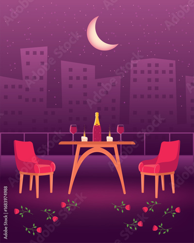 Night rooftop dinner date scene. Vector
