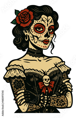 Mexican Catrina. Woman in costume for Day of the Dead. Vector isolated portrait