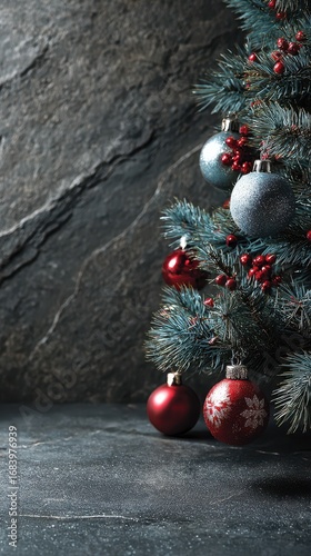 Elegant Christmas tree adorned with colorful ornaments against a textured stone background
