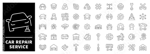 Car repair service. Car repair service vector icons collection. Car repair service, vehicle maintenance icons in a clean set of 50 linear icons