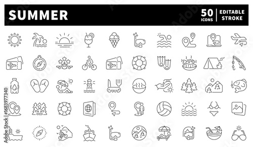 Summer. Summer vector icons collection. Summer, sun, ice cream, beach items, sunglasses, and warm weather. Set of 50 linear icons related to summer