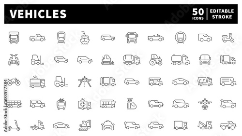 Vehicles linear icons. Vehicles  and transport vector icons. Line icon set of vehicles