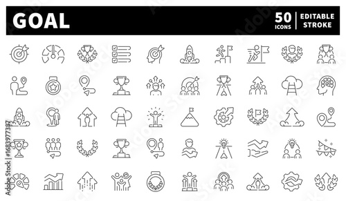 Goal outline icons set. Set of 50 goal icons. Achievements, goals, growth and personal development symbols.