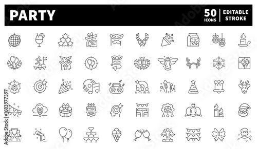 Party. Party vector icons. Collection of 50 Party icons. Linear icons celebrating fun, music, and events.