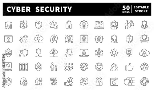 Cyber security vector icons. Set of 50 cyber security line icons. Cyber security, protection, shields, passwords, and surveillance set of 50 linear icons.
