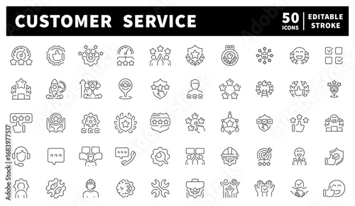  Customer service line icons set. Set of 50 icons support and communication. Headsets, support agents, rating stars, chat bubbles, and service tools designed in clean linear visuals.