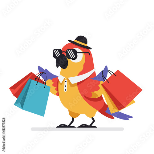 Chic parrot struts with shopping bags, sporting stylish sunglasses and a hat, embodying a fun and fashionable shopping spree experience.