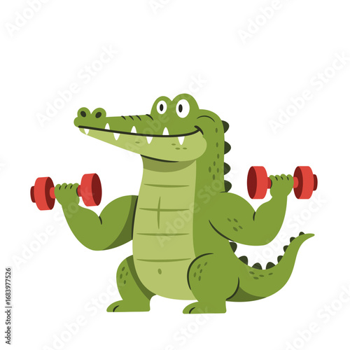Energetic alligator flexing muscles while lifting red dumbbells, showcasing strength and a fun fitness journey, perfect for sports and healthy lifestyle campaigns