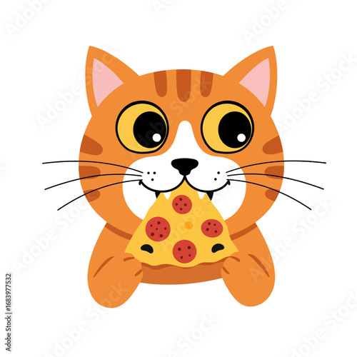 Adorable orange tabby cat gleefully devours a delicious slice of pepperoni pizza with wide, happy eyes and a playful grin, perfect for food lovers and pet enthusiasts